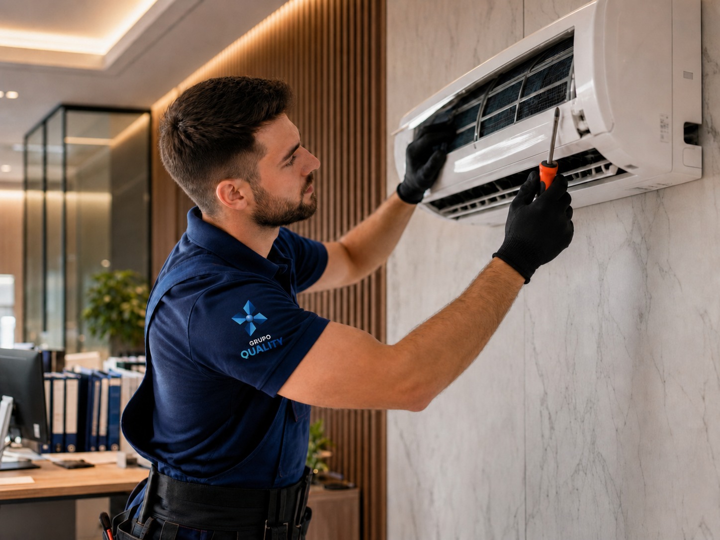 Técnico da Grupo Quality instalando ar-condicionado split